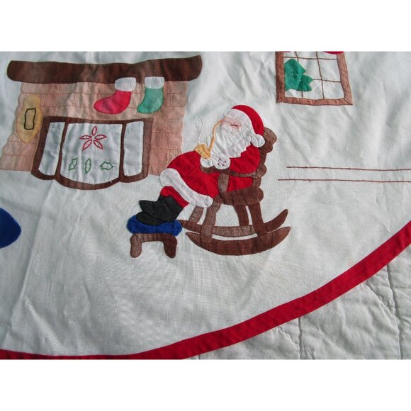 Vintage Anns Christmas Tree Skirt Santa Cat Applique Design Cotton GUC Faded - Picture 2 of 16